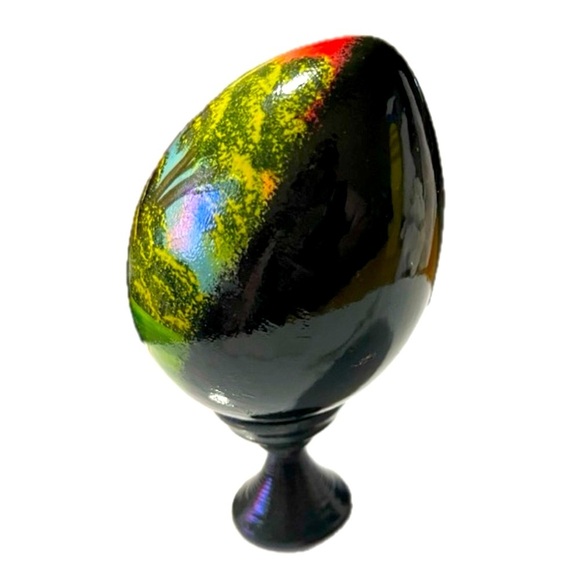 Vintage Black Russian Hand Painted Lacquer Wood Egg Church w/ Stand Signed - Picture 5 of 9